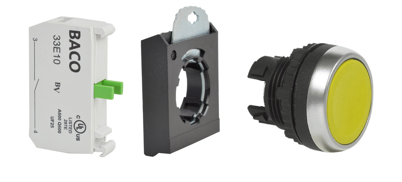 L22DQ01-3E02 Baco Controls 22mm Red 32mm Mushroom Push-Pull E-Stop Black Bezel w/ 2 NC, 3 Pos Clip